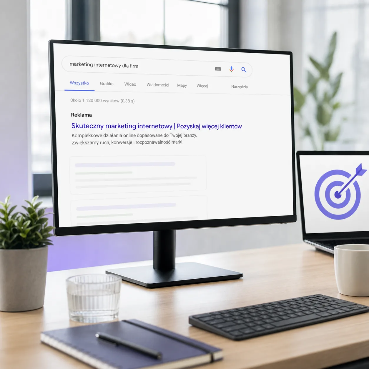 Ekran z wynikami wyszukiwania Google i reklamą w kampanii Google Ads