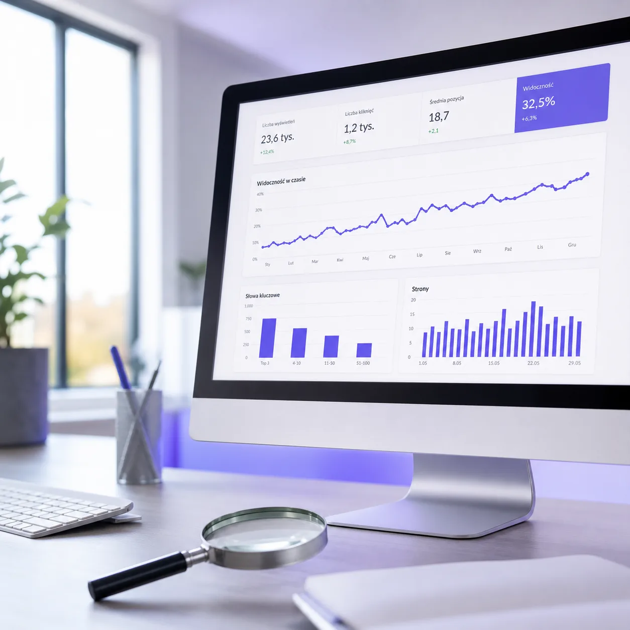 Monitor z panelem analityki SEO i rosnącym wykresem widoczności